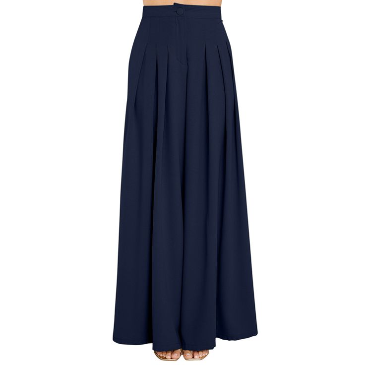 Navy Blue High Waist Pleated Flare Pants Chic Blue Pleated Bottoms, Navy Pleated Summer Bottoms, Navy Pleated Bottoms For Summer, Blue Pleated Wide Leg Bottoms, Navy Pleated Bottoms For Spring, Spring Navy Pleated Bottoms, Spring Blue Pleated Pants, Elegant High Rise Blue Bottoms, Elegant High-rise Blue Bottoms