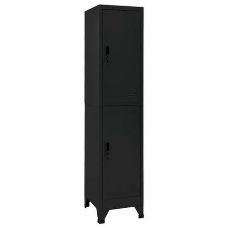 a black metal locker with two doors