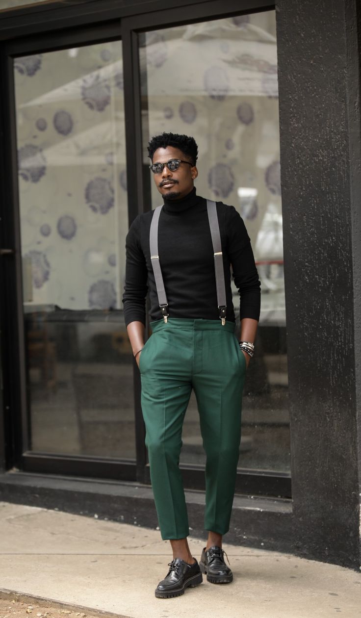 Green Trousers Outfit Men, Black And White Outfit For Men, Pitbull Outfits, Green Trousers Outfit, Christmas Party Attire, Trousers Outfit Men, Winter Stem, Fashion Notebook, Suspenders Fashion