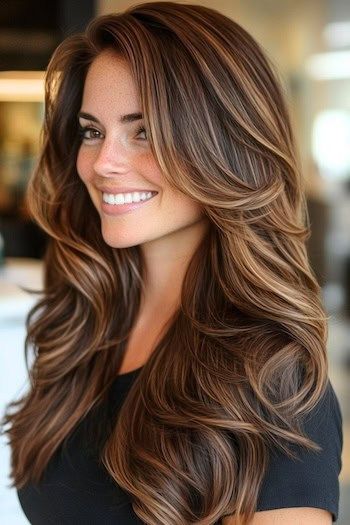 Save this pin for the best brunette hair colors for fall. These thick waves blend rich chocolate brown with warm caramel highlights for a stunning fall look. The dimensional shade adds striking depth to long, flowing locks.