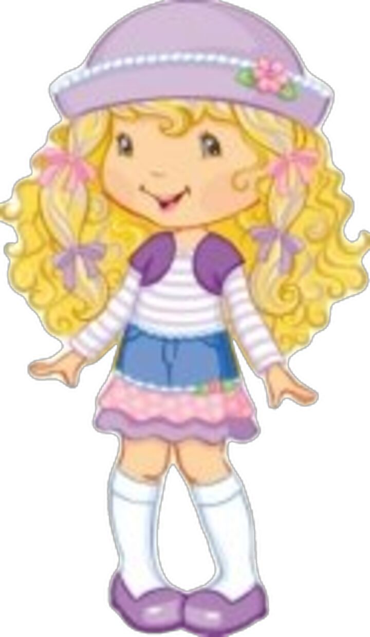 a girl with blonde hair wearing a purple hat and dress