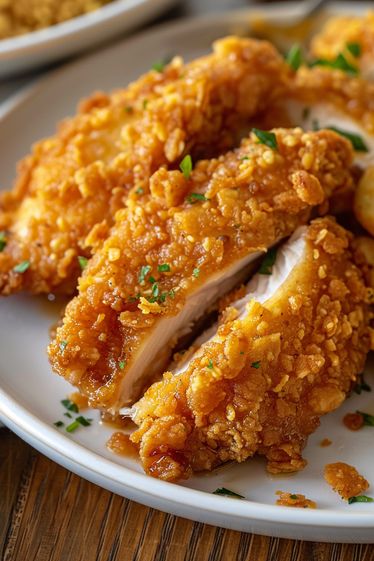 fried chicken on a white plate with lemon wedges