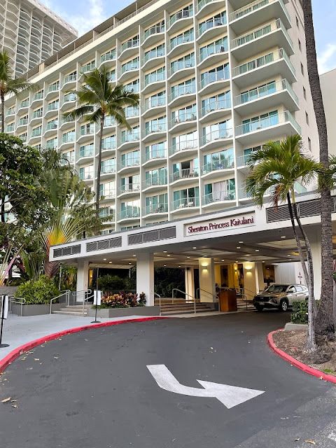 a large hotel with palm trees in front of it