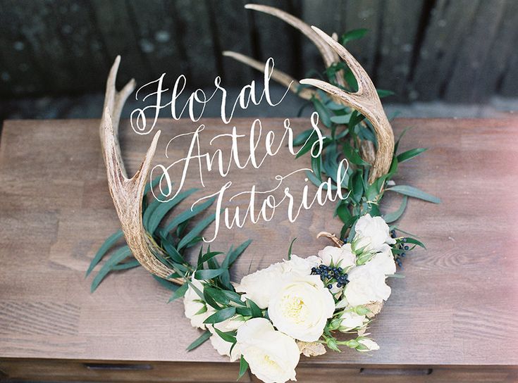 an antler's head with white flowers and greenery on top of it