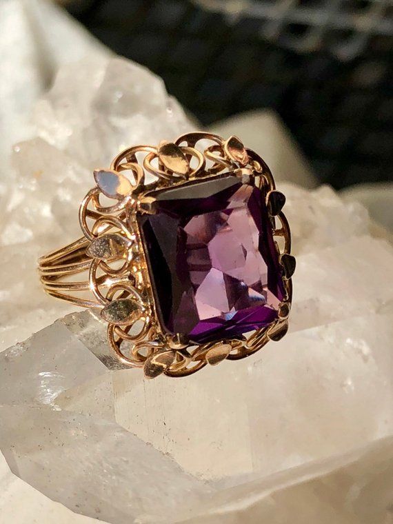 Circa 1940s Art Deco 14K Alexandrite Color Changing Purple Sapphire Vintage Art Deco Ring Antique 14k Gold Amethyst Ring, Antique 14k Gold Jewelry For Vintage Events, Antique Ring Jewelry For Vintage Events, Vintage Yellow Gold Gemstone Ring, Yellow Gold Heirloom Jewelry, Vintage Yellow Gold Rings With Gemstones, Antique Jewelry With Prong Setting For Vintage Occasions, Elegant 14k Gold Rectangular Amethyst Ring, Elegant 14k Gold Jewelry For Vintage Events