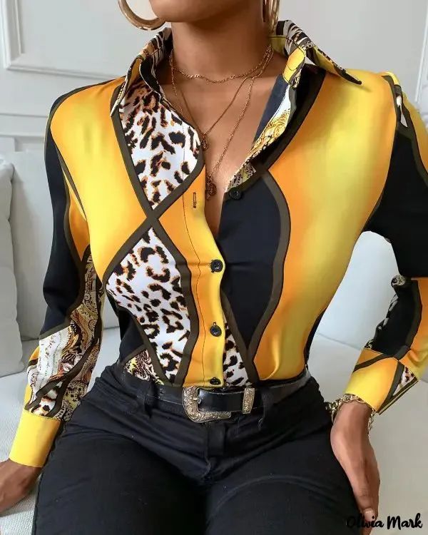 Olivia Mark - Cheetah Print Button Down Long Sleeve Shirt Female Office, Shirt Korean, Shirt Streetwear, Shirt Female, Animal Print Blouse, Office Lady, Casual Blouse, Plus Size Casual, Plus Size Tops