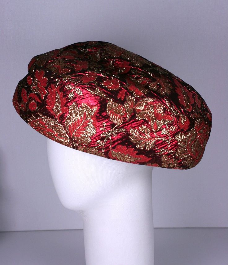 Jacques Heim Haute Couture Lame Broche Bowl Hat 1950 Retro Red Party Hat, Red Retro Party Hat, Vintage Formal Hat With Structured Crown, Vintage Formal Hats With Structured Crown, Red Structured Crown Hat For Evening, Vintage Gold Hat For Formal Occasions, Gold Vintage Hats For Vintage Events, Traditional Red Party Hat, Vintage Evening Hat With Structured Crown