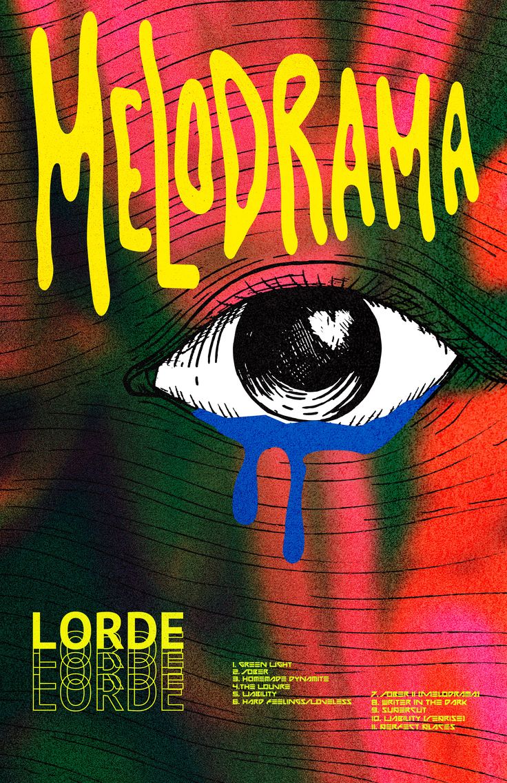 a poster with the words meldrama on it and an eye painted in yellow