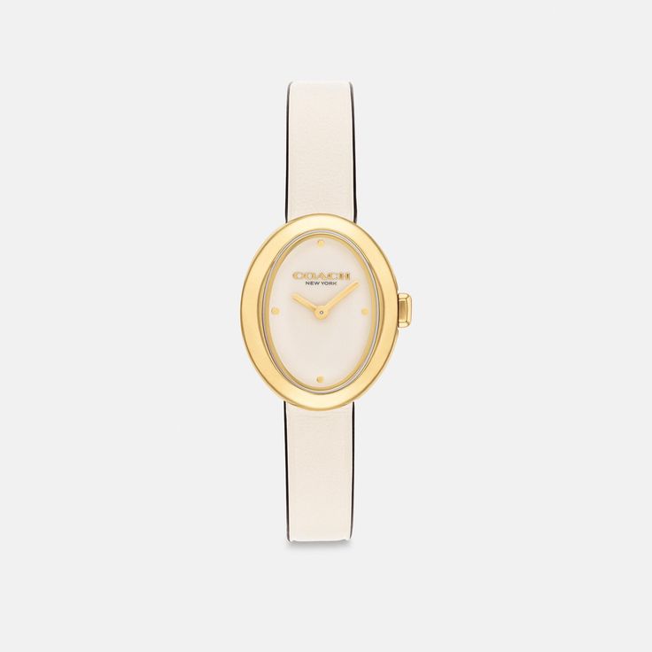 Designed with a modern minimalist sensibility the Sammy is a refined timepiece perfect for everyday. Finished with a leather strap this gold tone watch features a lacquer dial detailed with polished gold tone markers. | Coach Sammy Watch, 22 Mm - Women's - Chalk Minimalist Formal Watch Accessories With Leather Strap, Timeless Yellow Gold Watches For Work, Classic Watches With Gold-tone Hardware And Rectangular Dial, Classic Yellow Gold Watch For Everyday, Classic Yellow Gold Watches For Everyday Wear, Everyday Timeless Watch With Polished Finish, Timeless Everyday Watches With Polished Finish, Yellow Gold Leather Watch With Polished Finish, Timeless Polished Finish Watches For Work