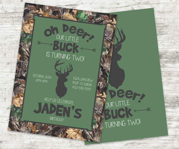 two deer hunting birthday party cards with green and brown camo print on the front