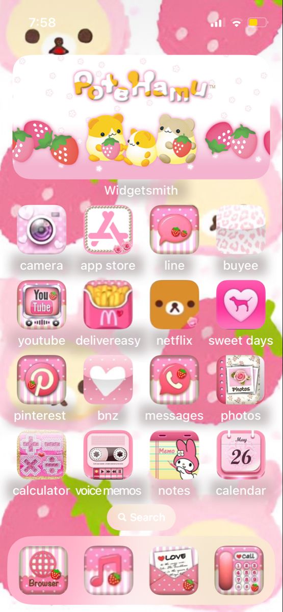 the hello kitty theme is pink and has lots of different things on it's screen