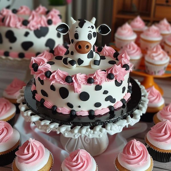 a cake with pink frosting and a cow figurine on top is surrounded by cupcakes