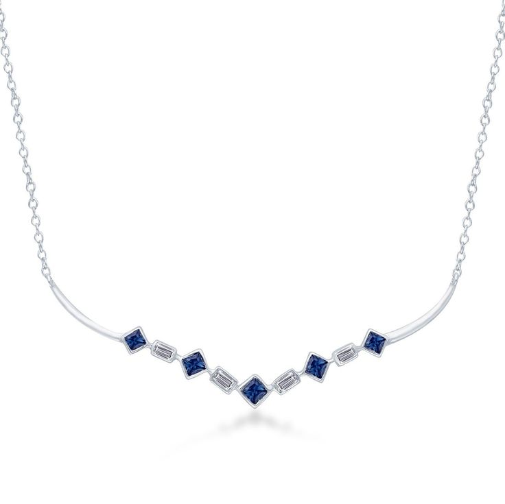 This exclusive sapphire and diamond necklace set in 14k white gold is a sophisticated statement from our LEGENDARY collection. This necklace features 1.10 CTW of sapphires and diamonds on an 18" cable chain with a spring ring lock. The LEGENDARY collection showcases our iconic signature style, a family trademarked design defined by an alternating pattern of princess cut and baguette diamonds. Metal: 14k Gold Metal Color: White Gold Stones: Baguette and Round White Diamonds 0.90 CTW Round Blue Sa Modern Blue Diamond Necklace, Silver Sapphire Necklace With Single Cut Diamonds, Trademark Design, White Gold Sapphire, Diamond Necklace Set, Gems Jewelry, Baguette Diamond, Sapphire Diamond, Cable Chain