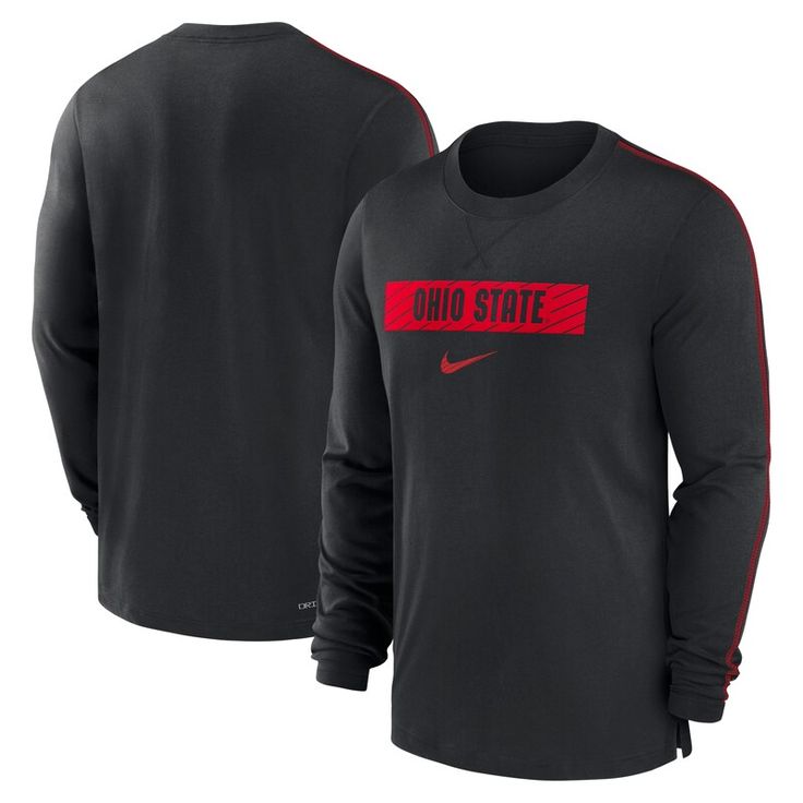 Show your Ohio State Buckeyes pride in style with the Nike 2024/25 Sideline Player Tri-Blend Performance Long Sleeve T-Shirt. Replicating the gear worn by players, coaches, and team staff, this tri-blend tee provides an extra-soft feel for game-day comfort. The diagonal stripe pattern highlights the team name printed across the chest, making it clear who you're rooting for. This tee is a must-have for any Buckeye fan looking to show their team pride in style and comfort. Nike Collegiate Long Sleeve T-shirt, Nike Black Top For Game Day, Nike Black Tops For Game Day, Sportswear Top With Team Logo For Streetwear, Black Nike Fan Apparel Tops, Nike Black Fan Apparel Tops, Nike Long Sleeve Fan Gear Top, Nike Black Tops Fan Apparel, Nike Black Tops For Fans