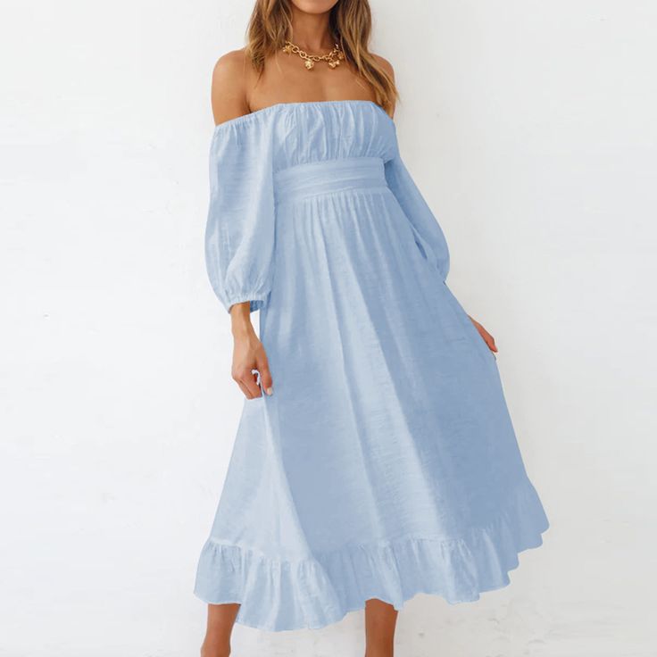 Light Blue Square Neck Bowknot Back Lantern Sleeve Casual Dress Spring Light Blue Solid Midi Dress, Light Blue Dress For Day Out, Light Blue Off-shoulder Maxi Dress For Spring, Spring Light Blue Off-shoulder Maxi Dress, Blue Solid Color Midi Dress For Day Out, Light Blue Long Sleeve Midi Dress For Summer, Blue Solid Color Dress For Brunch, Light Blue Casual Midi Dress For Vacation, Casual Light Blue Midi Dress For Vacation