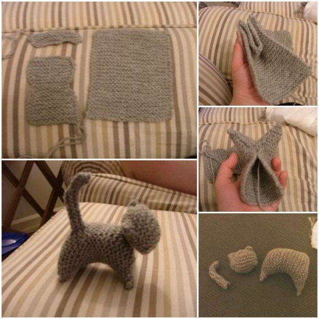 crocheted cat and dog items are shown in four different pictures, including one being knitted