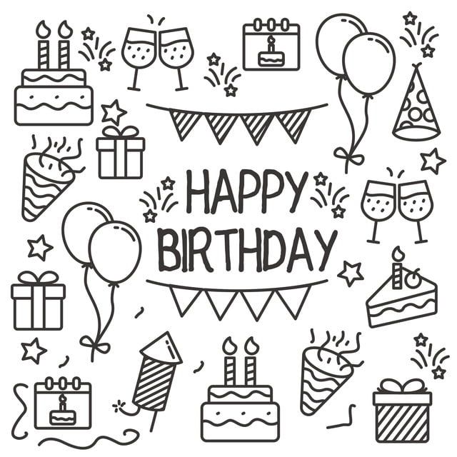 happy birthday card with hand drawn doodles and confetti on white background illustration