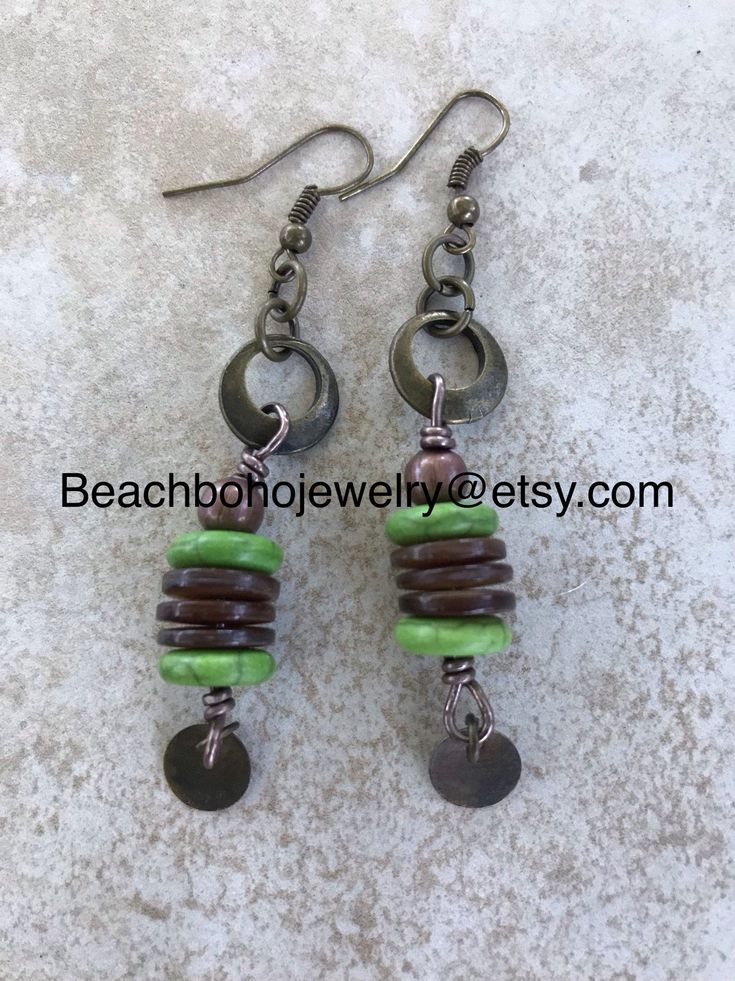 This Unique pair of boho style dangle earrings is made with green howlite beads, brown natural wood beads, and copper coin charms. Long dangle earrings measure 2 3/4 inches from copper earwire. Zen Jewelry, Copper Coin, Wire Earring, Hippie Earrings, Moonstone Beads, Jewellery Ideas, Long Dangle Earrings, Wire Earrings, Valentines Gift