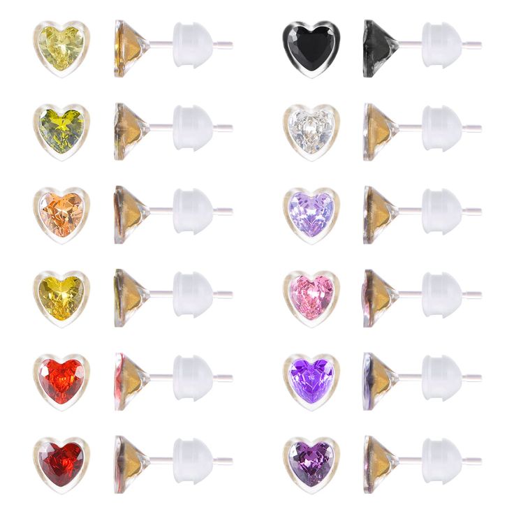 PRICES MAY VARY. PLASTIC EARRINGS FOR SENSITIVE EARS- These plastic earrings are made of high quality soft plastic acrylic. It is a strong toughness and high transparency hypoallergenic material.It is the best choice for people who have sensitive ears are allergic to metals HEART CUBIC ZIRCONIA STUD EARRING SET- One order comes with 12 pairs plastic post earrings. Inlay with 12 different colorful heart shape birthstone cubic zirconia which will match to your different occasion and dressing COMFO Earrings For Sensitive Ears, Lucky Jewelry, Earrings Star, Plastic Earrings, Womens Earrings Studs, Daily Jewelry, Metal Heart, Cz Stud Earrings, Jewelry Images