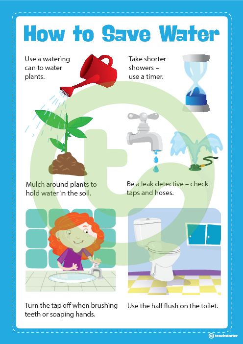 how to save water poster with instructions for children's bathroom and living room areas