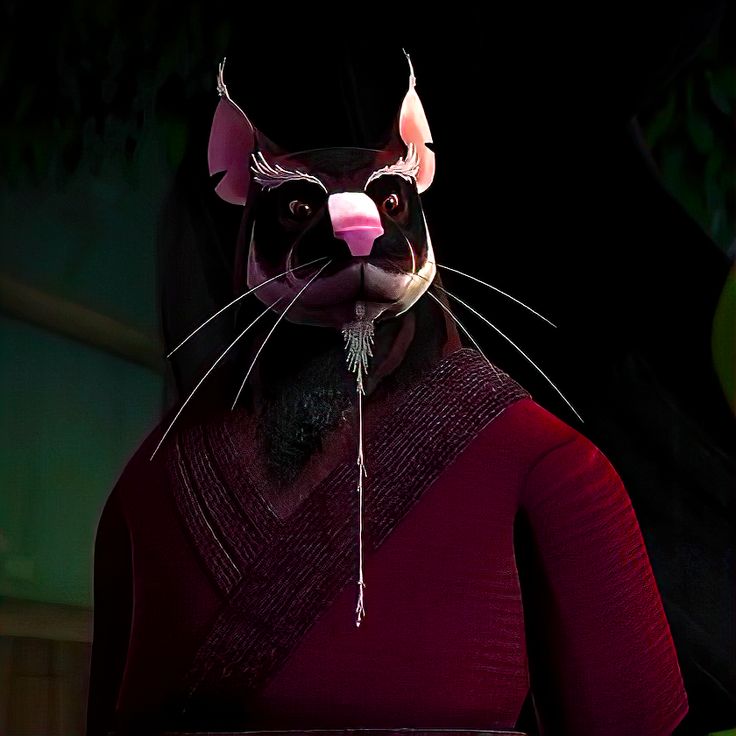 an animated cat wearing a red dress and pink nose