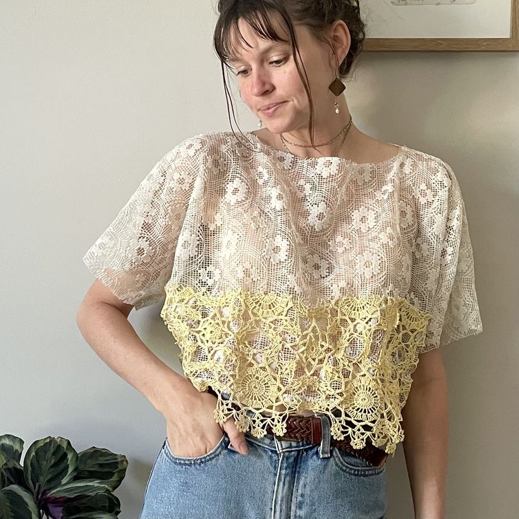 Boxy cream top made from an up-cycled curtain and a thrifted table runner. Spring Crochet Cotton Lace Top, Cropped Lace Top With Crochet Details, Spring Vintage Lace Crochet Top, Vintage Cream Lace Crochet Top, Spring Cotton Lace Crochet Top With Lace Work, Spring Vintage Lace Top With Lace Trim, Vintage Lace Top With Lace Trim For Spring, Spring Vintage Crochet Top With Lace Work, Vintage Lace Top For Spring