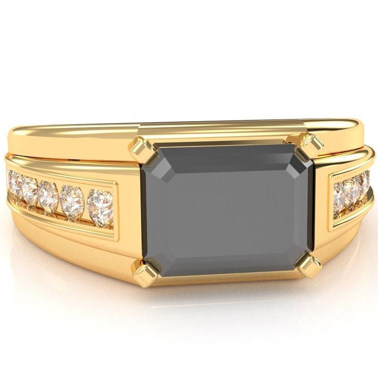 Classic and bold men's black onyx and diamond ring crafted in solid 10k/14k Solid Gold 925 Sterling Silver. With a twelve diamond channel set and a 6x8mm emerald cut center stone set horizontally, this one is guaranteed to impress. Black onyx is the birthstone of December and is believed to boost the wearer's sense of confidence, authority, and ability to be the master of his or her own destiny. Diamonds are thought to provide the wearer with better relationships and increase inner strength. Genuine Black Onyx: Qty: 1 x 6x8mm Emerald Cut Stone Genuine Diamonds: .36 carats Qty: 12 x 2mm Round H|I 925 Sterling Silver:  AAA CZ Color Stones And AAA CZ Diamonds Please visit our store at https://www.etsy.com/shop/GemsOfZodiac for more solid 14k gold birthstone jewelry. PROCESSING TIME: All our j Luxury Formal Men's Three Stone Ring, Luxury Men's Ring With Black Diamonds, Luxury Men's Elegant Octagon Ring, Luxury Elegant Men's Ring With Accent Stones, Luxury Gemstone Men's Ring With Spiritual Style, Luxury Oval Men's Ring For Anniversary, Luxury Men's Ring With Stone Setting For Formal Occasions, Luxury Fine Jewelry Men's Ring With Gemstone, Luxury Classic Men's Ring With Round Stone