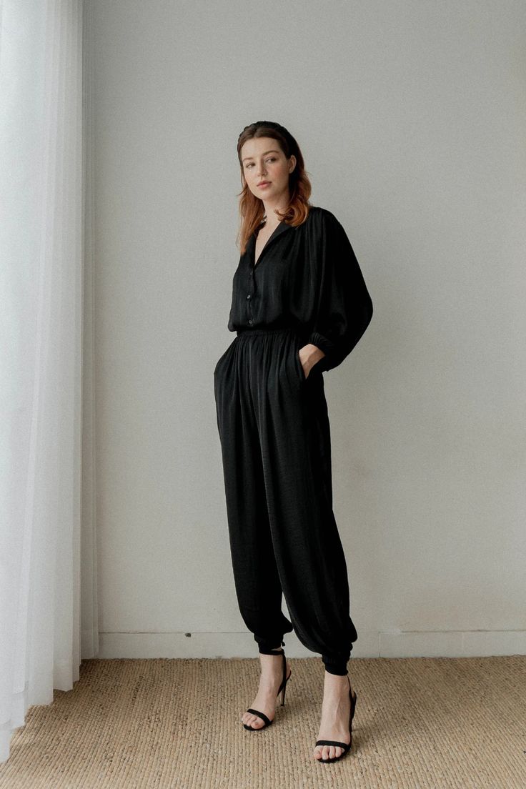 Ready to Ship Blair Black Satin Joggers | Etsy Relaxed Fit Bottoms With Button Cuffs For Loungewear, Black High-waisted Viscose Bottoms, Versatile Black Viscose Bottoms, Black High-waisted Viscose Pants, Black Viscose High-waisted Pants, Black Tapered Leg Pants For Daywear, Black Tapered Leg Daywear Pants, Black Full Length Viscose Bottoms, Black Viscose Trousers