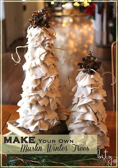 two christmas trees made out of paper and twine with the words make your own mush winter trees