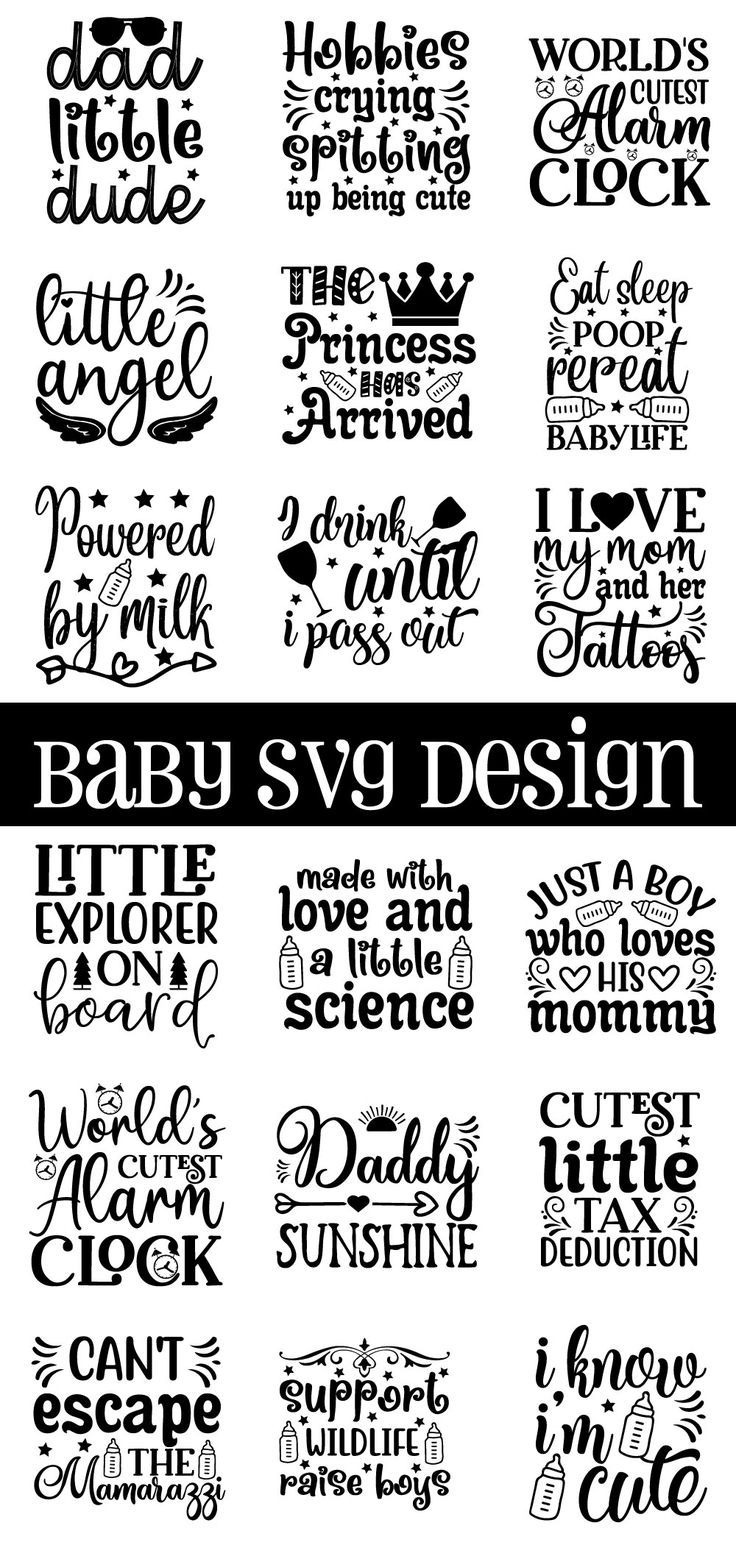 the baby svg design bundle is shown in black and white, with different font styles