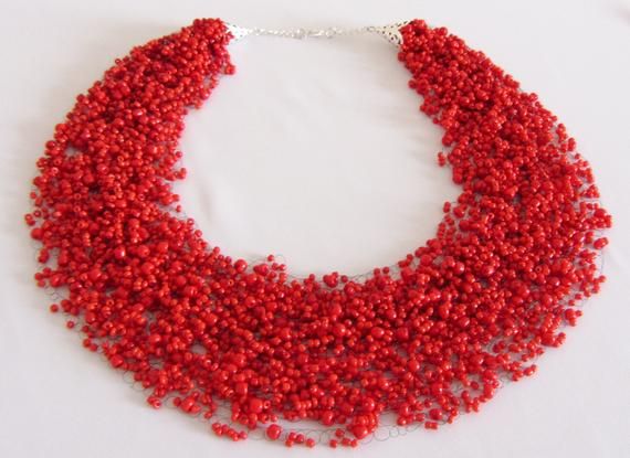 Red Necklace Necklaces handmade jewelry choker air necklace Netted Bead Necklace Statement Necklace Unique Red Choker As A Gift, Unique Red Choker For Gift, Black Choker Necklace, Beaded Spiders, Beading Netting, Red Necklace, Autumn Gifts, Jewelry Choker, Beaded Choker Necklace