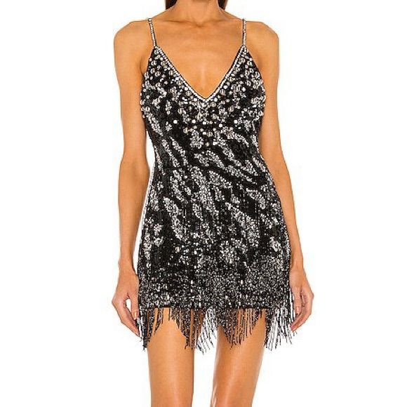 Worn Once, Like New! Black V-neck Mini Dress With Contrast Sequin, Black Contrast Sequin Dress For Club, Black Embellished V-neck Mini Dress, Black Embellished Sequin Dress With V-neck, Black Embellished V-neck Sequin Dress, Chic Black Mini Dress With Contrast Sequin, Chic Black Sequin Mini Dress, Black Mini Dress With Contrast Sequin For Holiday Party, Black Contrast Sequin Mini Dress For Holiday Party