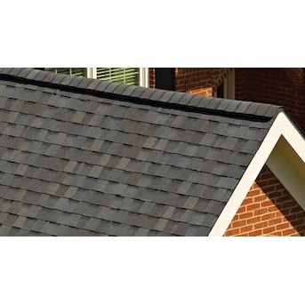 a bird is perched on the roof of a house in front of a brick building