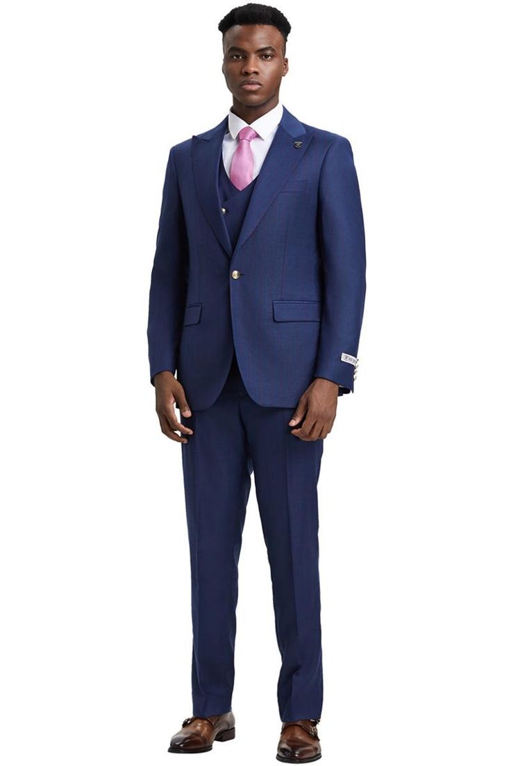 This fashion forward suit from Stacy Adams features a 1 button suit jacket with a wide peak lapel, side vents, a gold button closure, and a contrast pinstripe. The vest is double breasted and also features gold buttons. The pants are flat front. (Sizes 34-44 = Slim Fit / Sizes 46+ = Modern Fit) Formal Pinstripe Blazer With Button Closure, Elegant Pinstripe Double Breasted Suit With Double Button Closure, Elegant Pinstripe Double-breasted Suit With Double Button, Elegant Pinstripe Double Breasted Suit, Three-piece Suit With Button Closure For Formal Occasions, Three-piece Tuxedo Suit With Notch Lapel, Formal Pinstripe Double Breasted Suit With Notch Lapel, Pinstripe Double Breasted Suit With Notch Lapel, Pinstripe Notch Lapel Suit With Double Button Closure