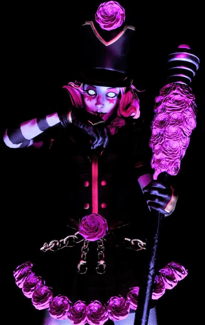 a creepy clown holding a cane and wearing a top hat with roses around it's neck