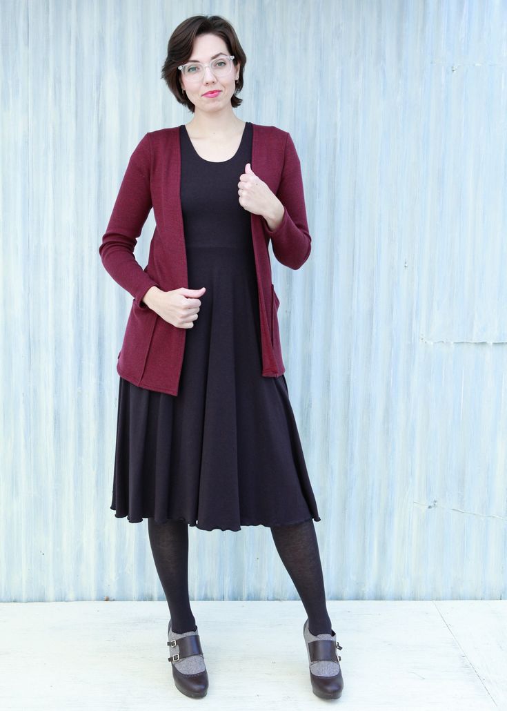 "For work or study, you will feel fresh and focused in this classy business casual cardigan. It's on the long side for a cardigan, so it will keep you confidently covered. This cardigan is perfect for offices and classrooms everywhere! Don't worry, it's comfortable too.  * Long sleeves * Hood * Open front  * Two side pockets, ~8\" deep. * ~28\" in length  SIZE Custom made to order in any size. See images for size chart & measurement guide. COLOR This cardigan is available and pictured in Maroon. Chic Fitted Everyday Cardigan, Fitted Sweater Coat With Pockets For Layering, Casual Fitted Cardigan For Workwear, Fitted Casual Cardigan For Work, Fitted Long Sleeve Cardigan For Everyday, Fitted Solid Cardigan For Work, Fitted Everyday Cardigan, Versatile Cardigan With Pockets For Work, Fitted Everyday Cardigan In Solid Color