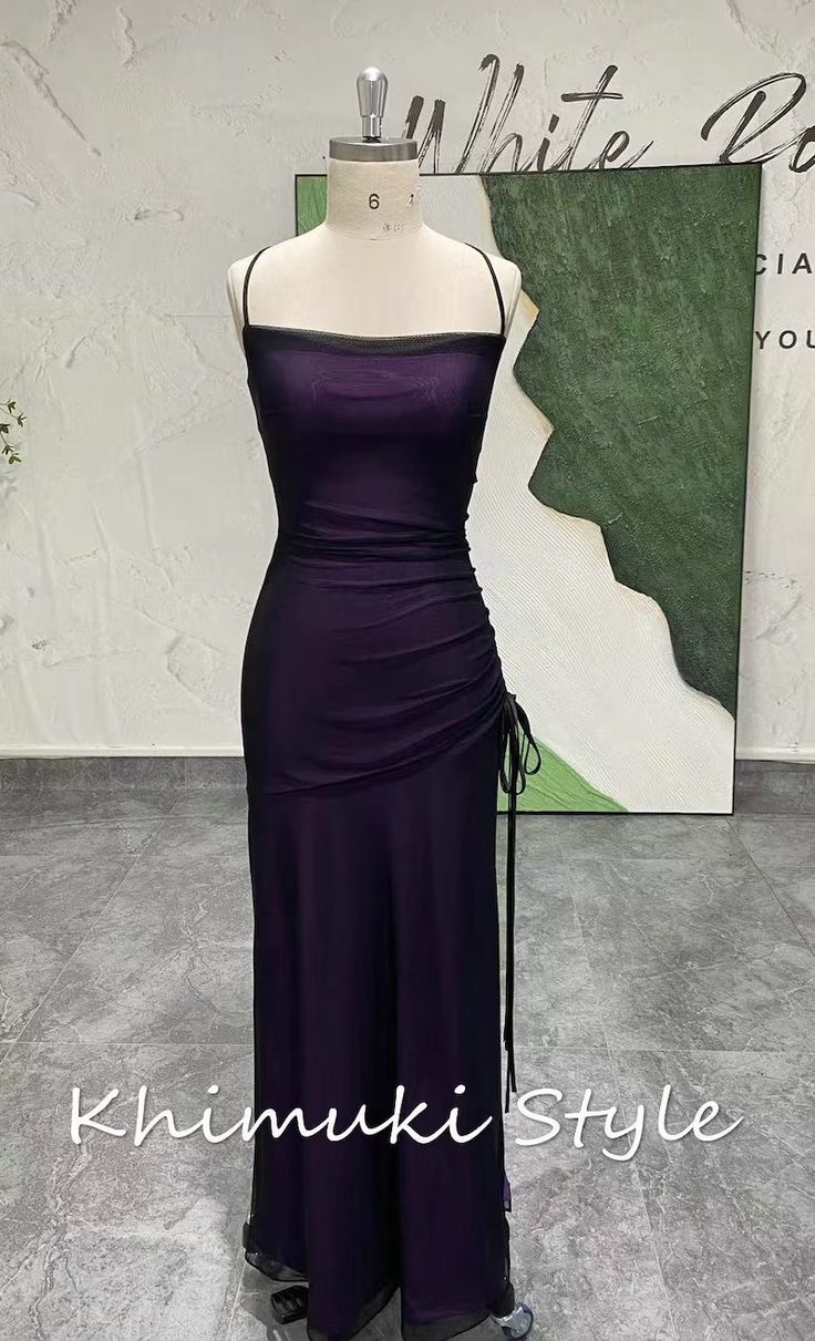 Sexy Slit Fit and Flare Vintage Prom Dresssquare Neckline - Etsy Taiwan Medium Purple Prom Dresses, Prom Dresses Deep Purple, Dark Purple Satin Prom Dress, Grape Prom Dress, Midnight Purple Prom Dresses, Dark Purple Prom Dress Aesthetic, Prom Dress Purple Dark, Prom Dresses Flat Chest, Midnight Purple Dress