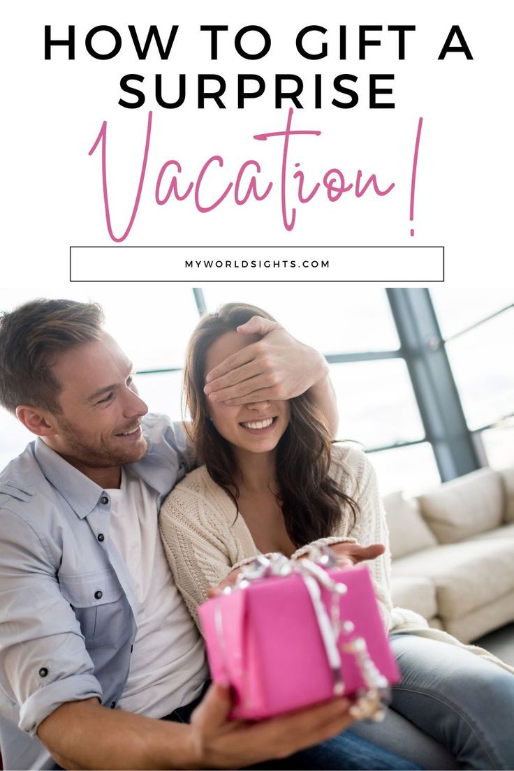 a man and woman sitting on a couch holding a pink gift box with the words how to give a surprise vacation