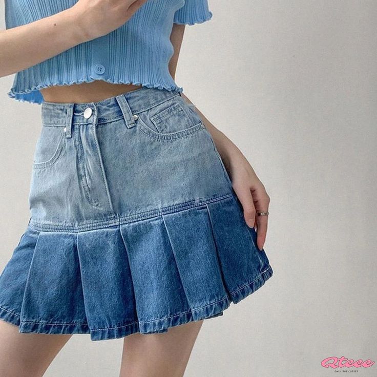 Qteee - Exquisite Pleated Denim Skirt with Charming Lover Heart Design Cute Fitted Mini Denim Skirt, Cute Denim Blue Skirt, Cute Fitted Denim Skirt, Cute Fitted Denim Skirt With Pockets, Cute Denim Skirt For Summer, Cute High Waist Denim Skirt, Cute Denim Skirt With Pockets For Spring, Cute High Waist Cotton Denim Skirt, Cute High-waisted Cotton Denim Skirt