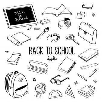 back to school doodles with books, backpack and other items in black and white