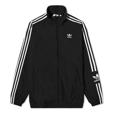 Men's adidas originals Stripe Logo Loose Stand Collar Sports Jacket Autumn Black H41391 (Loose Fit/Gift to Boyfriend) Casual Long Sleeve Track Jacket For Streetwear, Black Cotton Windbreaker For Sports, Casual Nylon Track Jacket With Three Stripes Branding, Casual Nylon Track Jacket With Three Stripes, Sportswear Track Jacket With Relaxed Fit And Long Sleeves, Sporty Nylon Track Jacket With Three Stripes, Nylon Track Jacket With Three Stripes For Sports, Adidas Nylon Track Jacket For Streetwear, Winter Sports Windbreaker With Three Stripes