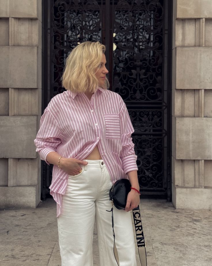 Candy pink for summer 💖 @ro_and_zo / ad-pr #summershirt #pinkstripyshirt #pinkshirt #widelegjeans #whitejeans #summeroutfit #outfitinspo #bloggerstyle #whatveganswear #veganfashion Pink Shirt Outfit Ideas, Pink Button Up Shirt Outfit, Button Up Shirt Outfit, Pink Shirt Outfit, Pink Button Up Shirt, Shirt Outfit Ideas, Shirt Outfit Summer, White Shirt Outfits, Outfits Stylish