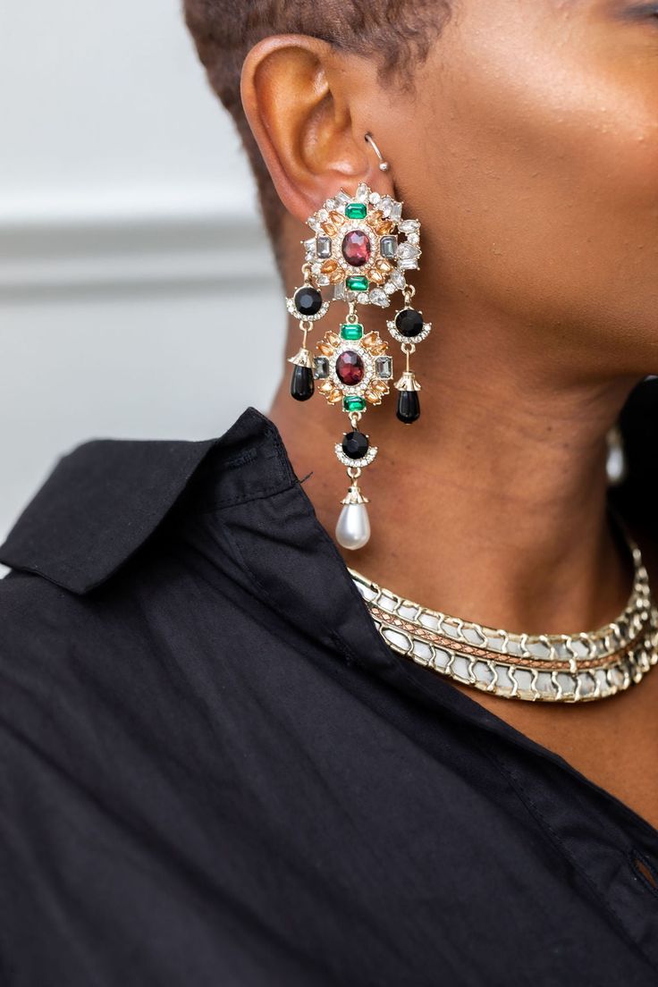 Elegant Jeweled Chandelier Earrings For Festive Occasions, Elegant Chandelier Earrings, Ornate Jeweled Party Earrings, Elegant Jeweled Chandelier Earrings, Jeweled Chandelier Earrings For Evening, Jeweled Chandelier Drop Earrings For Evening, Elegant Jeweled Chandelier Earrings For Parties, Elegant Jeweled Chandelier Earrings For Evening, Black Elegant Chandelier Earrings For Formal Events