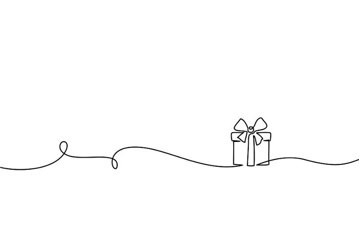 a black and white drawing of a present box with a bow on it's tail