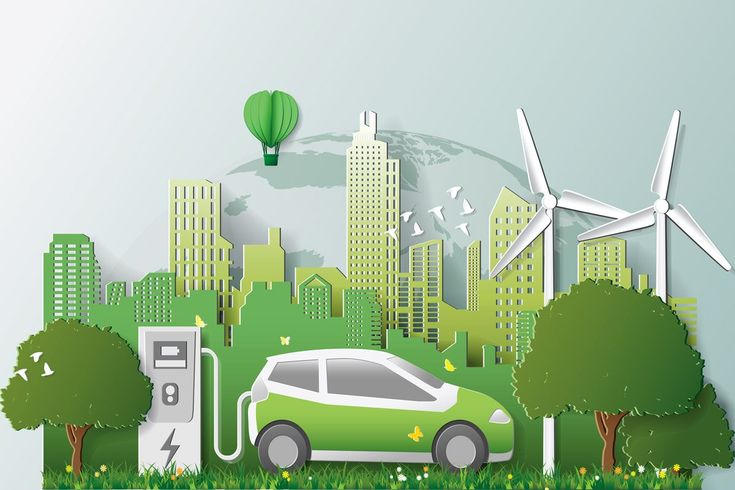 an electric car charging in front of a green city with windmills and wind turbines