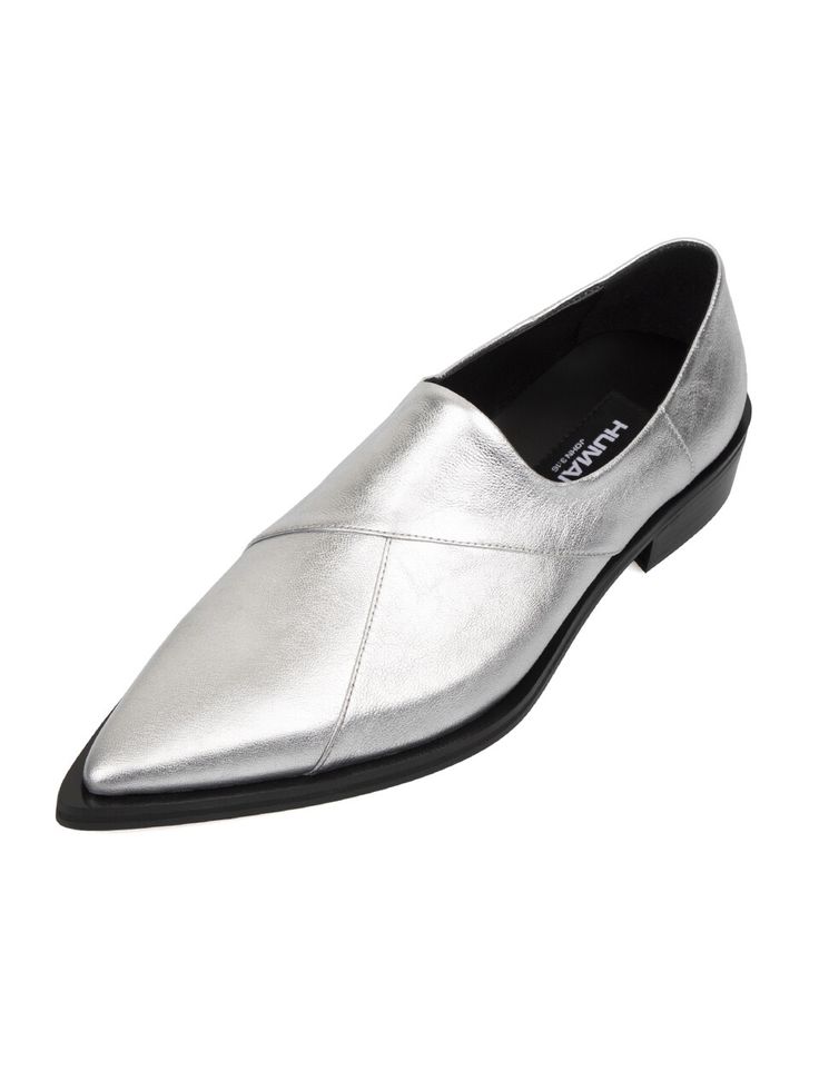 Editor's Notes It is sensitive to crease even after wearing it once. Crease caused by wearing, which is different from natural crease, is not exchangeable or refundable. -Silver-Pointed nose-Black heel MeasurementsSize: KR220mm(US4) - KR300mm(US12)  Composition & Care-100% Goat Foil-Be sure to Use of a Shoehorn  Designerby HUMANT Plain Shoes, Pointed Nose, Black Heel, W Concept, Silver Shoes, Black Heels, Designer Fashion, Foil, Loafers