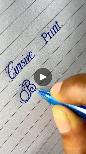 someone is writing on a piece of lined paper with blue ink, and the words canisive print are in cursive handwriting