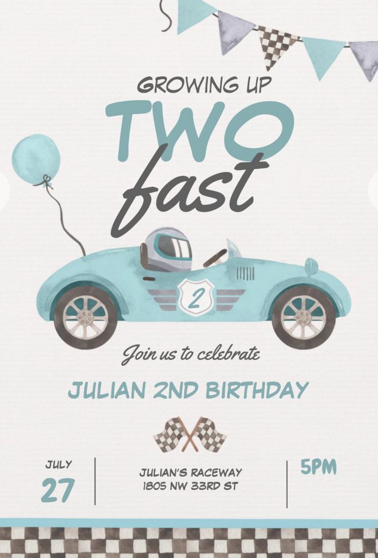 a blue race car birthday party card with the words growing up two fast on it