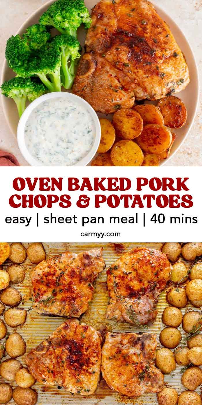 oven baked pork chops and potatoes on a plate