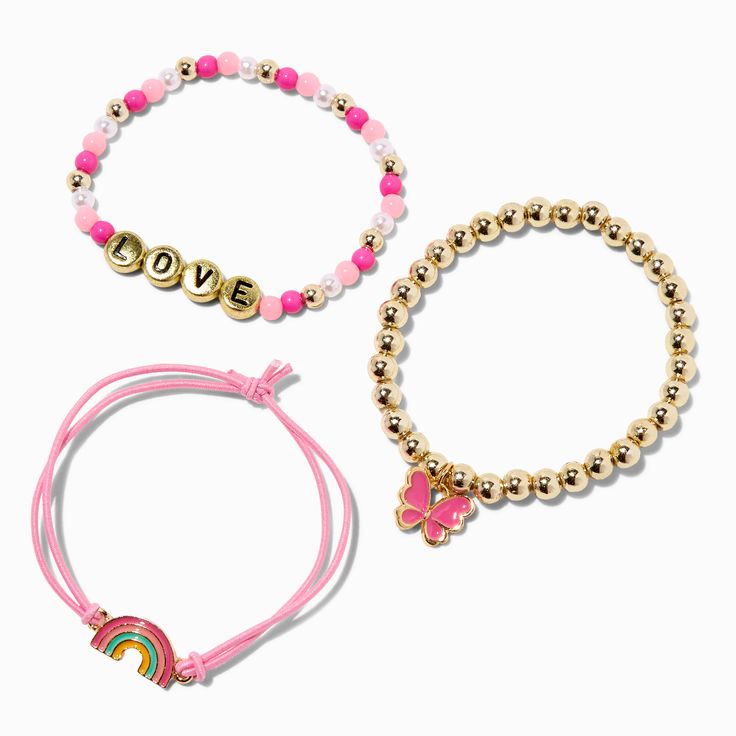 two bracelets with the word love written on them and a pink beaded bracelet